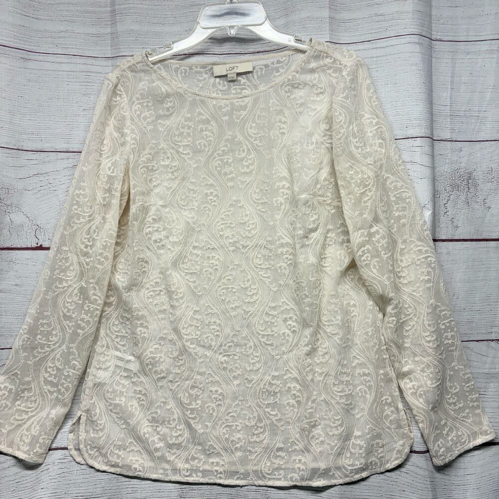 LOFT White Embroidered Sheer Blouse Size M Damask Scroll Boho Romantic